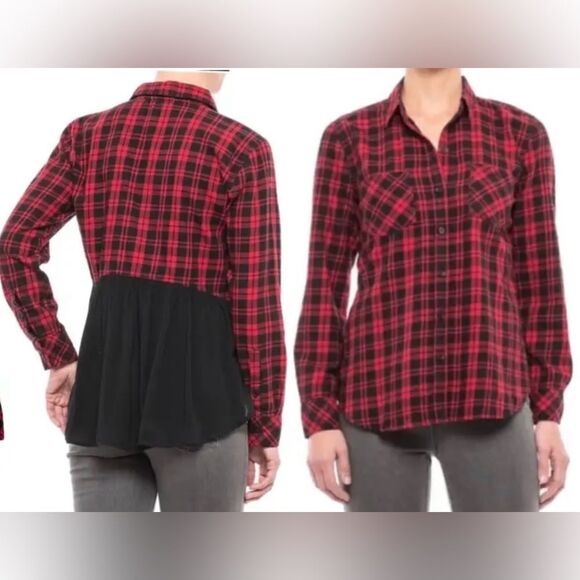 BeachLunchLounge Red + Black Plaid Button Down Top Large - Picture 3 of 10